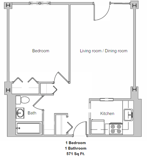 One Bedroom Floorplan At Jaclen Tower Apartments in Beverly, MA.